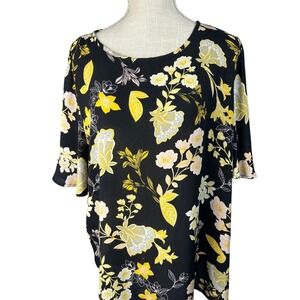 LOFT Black Floral Print Blouse Top, Round Neck, Short Sleeve, Modern Style